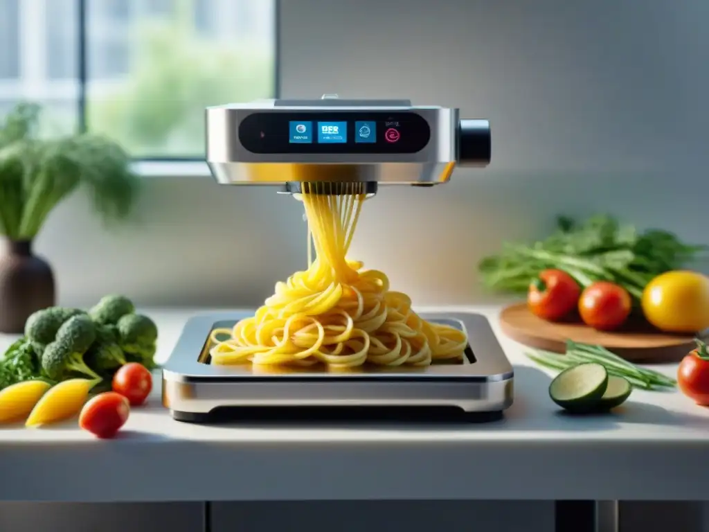 Cocina sin gluten 3D: detallada impresión 3D de pasta rodeada de ingredientes frescos en una moderna cocina iluminada por luz natural