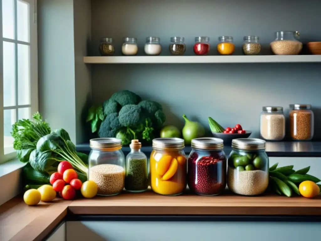 Encantadora cocina con ingredientes frescos y sin gluten Cocina sin gluten: encantadora cocina llena de alimentos frescos y coloridos, hierbas y especias organizadas en tarros de vidrio