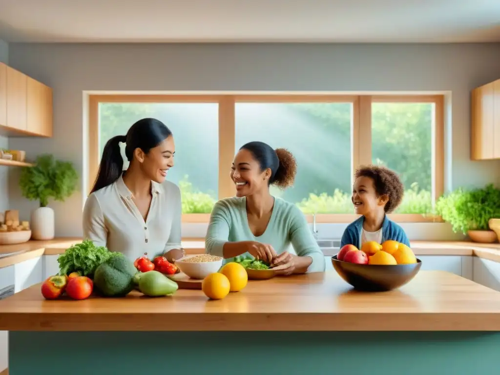 Una cocina espaciosa y acogedora, donde un padre y dos niños preparan alimentos sin gluten con alegría y aprendizaje