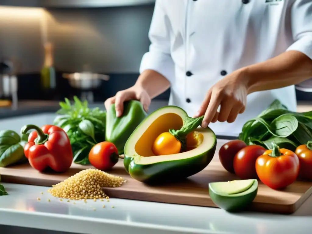 Arte culinario: cocina llena de colores y frescura Una cocina sin gluten fácil y deliciosa: encimera llena de ingredientes frescos y coloridos, chef cortando aguacate y cuenco de quinoa brillante