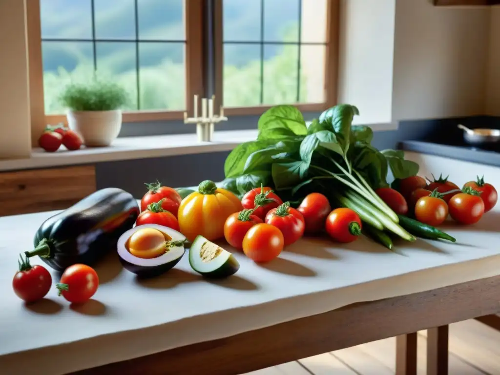 Una cocina francesa rústica llena de verduras frescas y un plato de Ratatouille, mostrando autenticidad y tradición