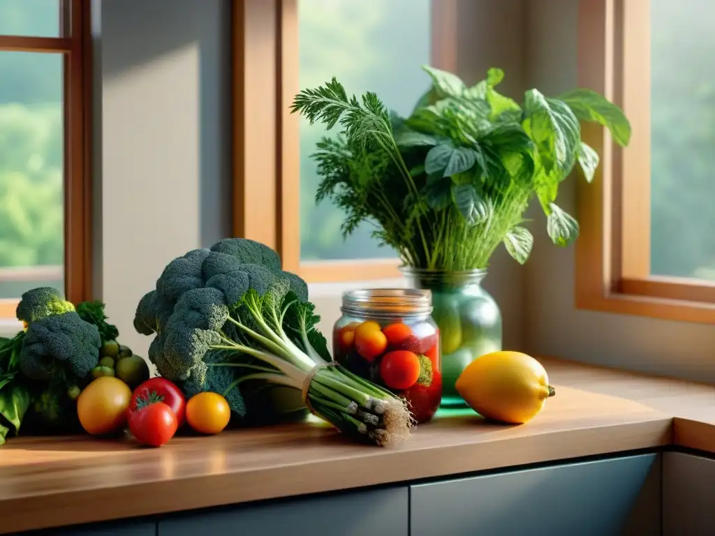 Un rincón de cocina fresco y acogedor con frutas y verduras coloridas, organizadas en la encimera