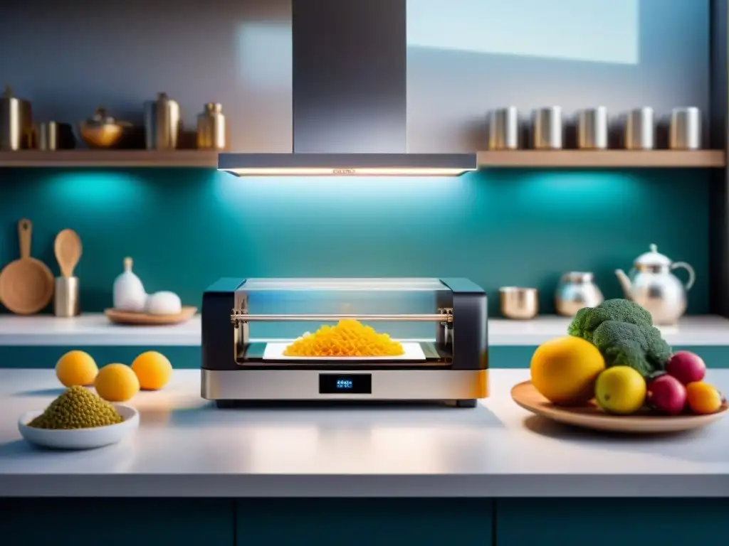 Una cocina futurista con alimentos impresos en 3D sin gluten, iluminada con suave luz ambiental