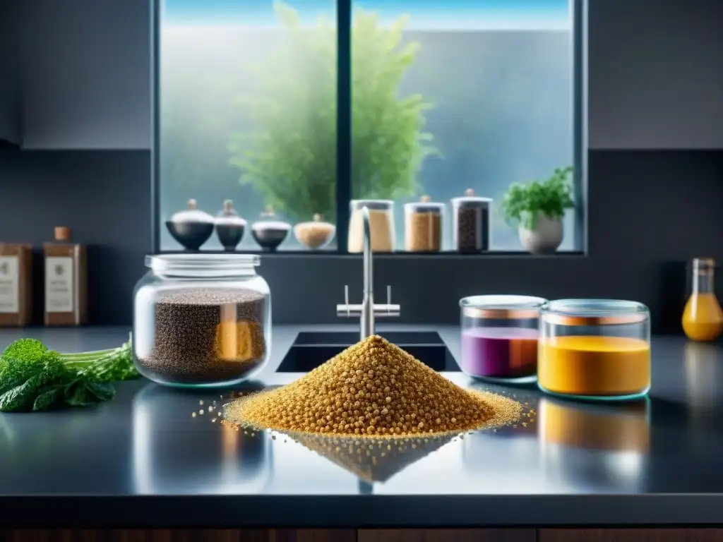 Una cocina futurista con ingredientes sin gluten innovadores en envases modernos, iluminados por luz natural