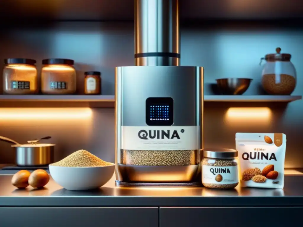 Una cocina futurista con ingredientes sin gluten innovadores en empaques futuristas, creando una atmósfera de sofisticación culinaria