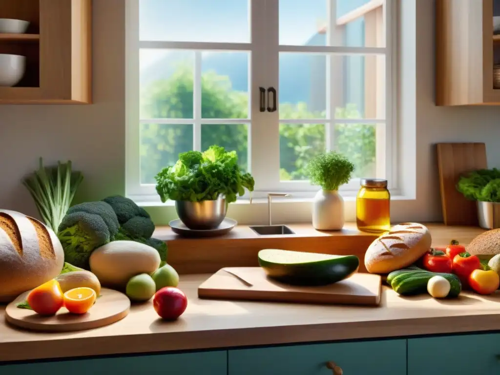 Cocina sin gluten para familias: una cocina moderna y espaciosa llena de frutas, verduras y pan sin gluten, bañada por la luz del sol