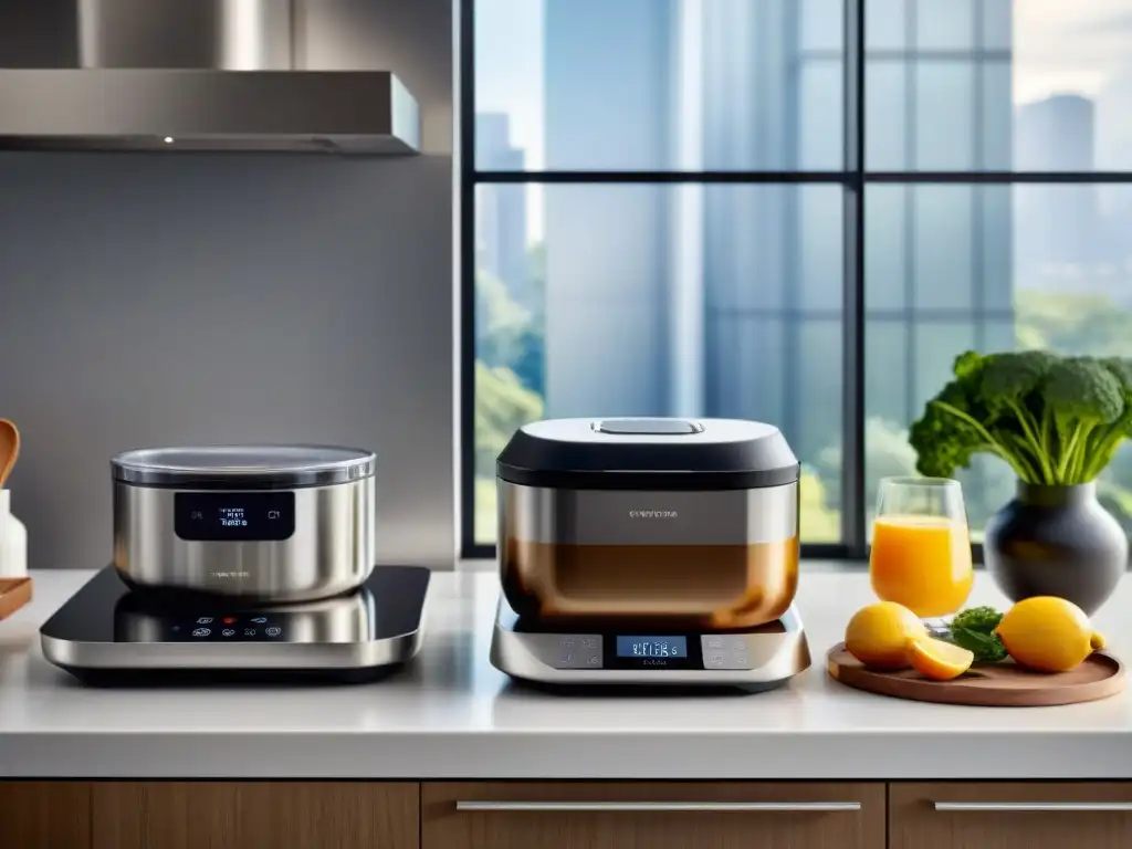 Cocina sin gluten con gadgets de vanguardia y luz natural, fusionando tecnología y arte culinario