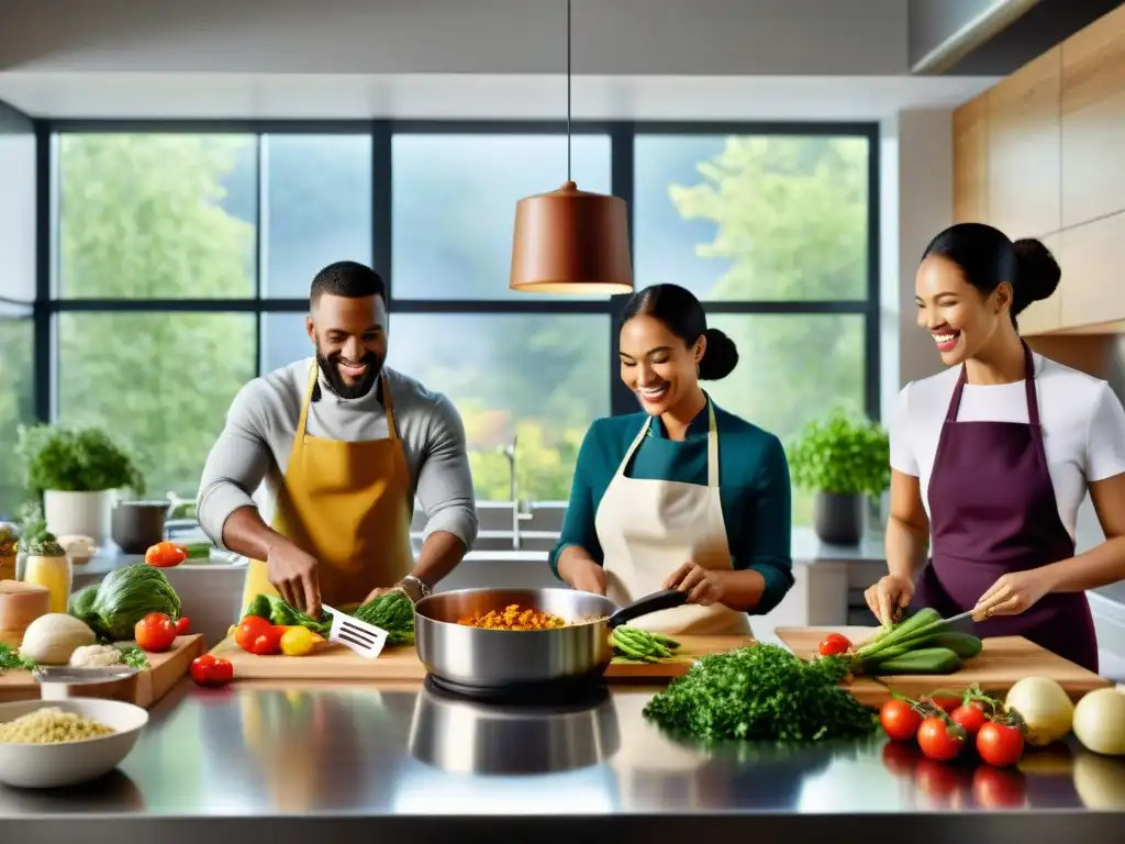 Una cocina sin gluten innovadora: grupo diverso cocinando alegremente con ingredientes frescos y coloridos en un espacio moderno y luminoso