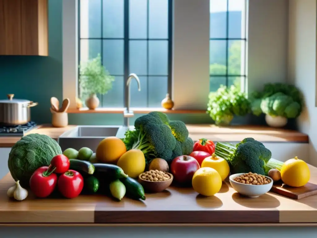 Una cocina sin gluten rebosante de frutas y verduras frescas, creando un ambiente mindfulness