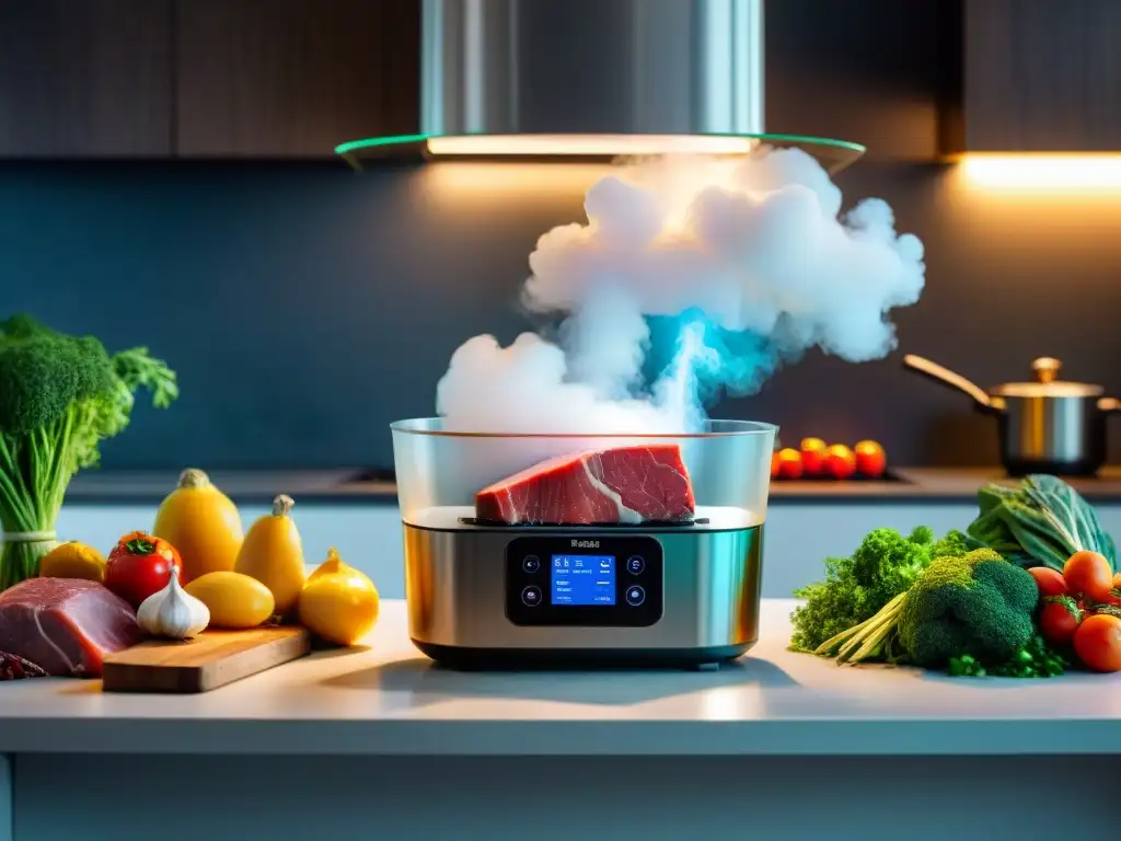 Una cocina sin gluten con sousvide repleta de ingredientes frescos y coloridos, iluminada suavemente