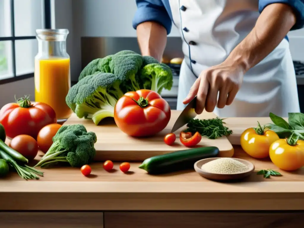 Cocina sin gluten con sabor: chef corta tomate fresco en cocina vibrante llena de ingredientes coloridos y frescos