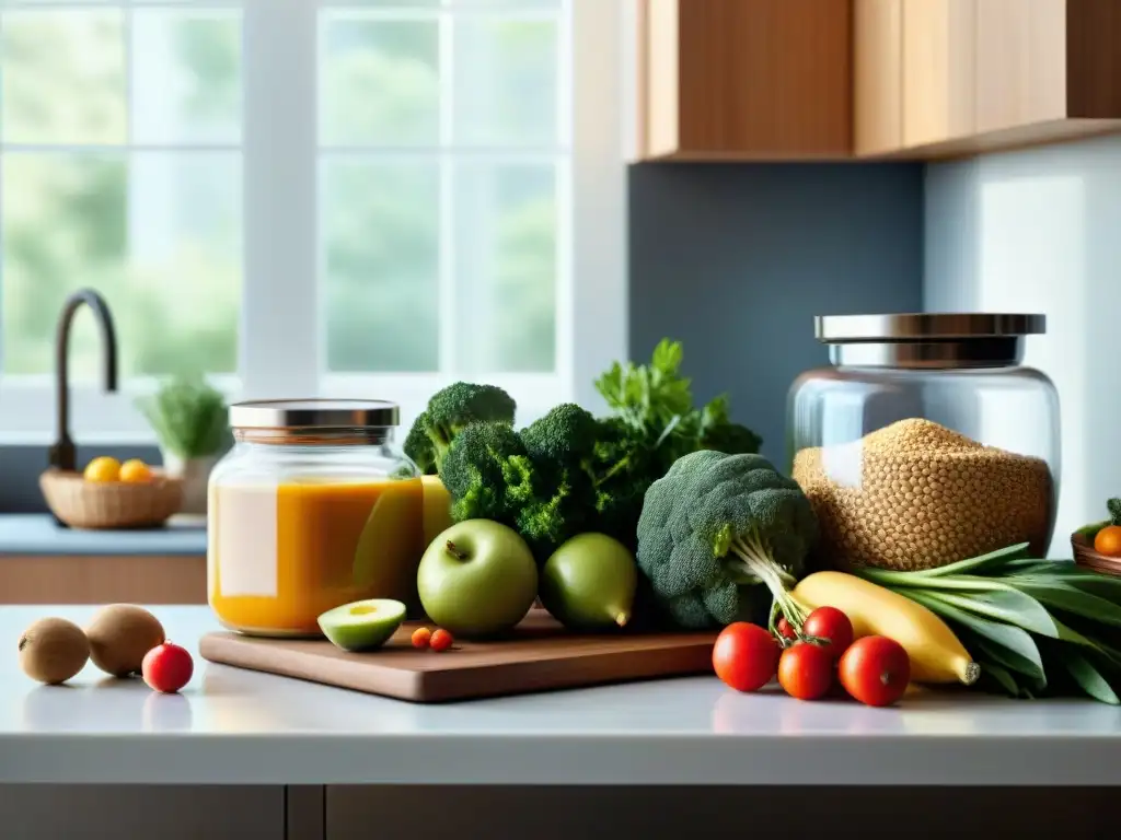 Un rincón de cocina sin gluten seguro: frutas, verduras, libros de cocina sin gluten, cuchillos y granos en un ambiente fresco y acogedor