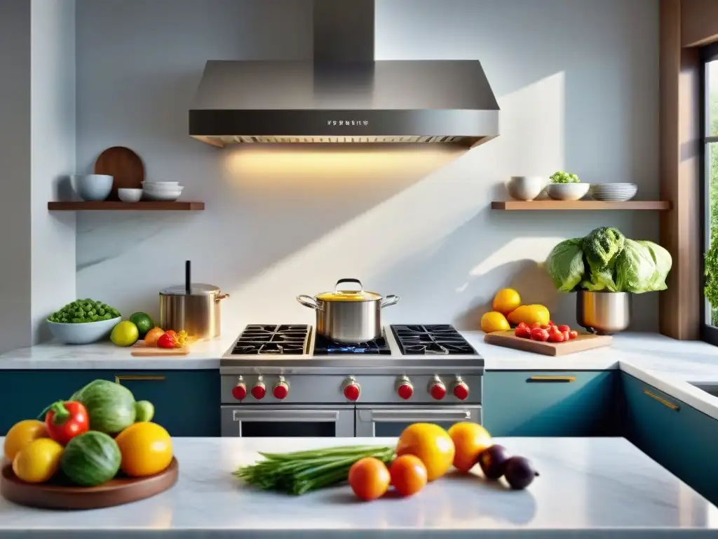 Cocina moderna y vibrante con ingredientes frescos Una cocina gourmet sin gluten innovadora, con ingredientes frescos y coloridos, bañada por la cálida luz del sol