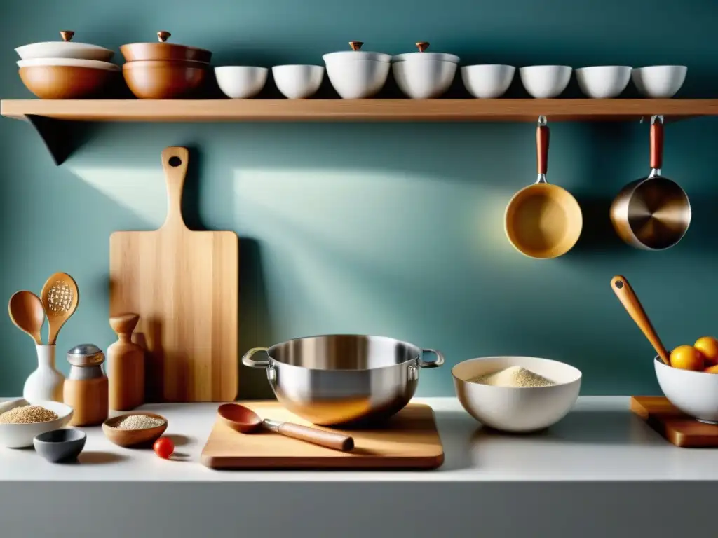 Utensilios de cocina libres de gluten: orden y precisión Una cocina impecable y organizada con utensilios esenciales para cocina sin gluten
