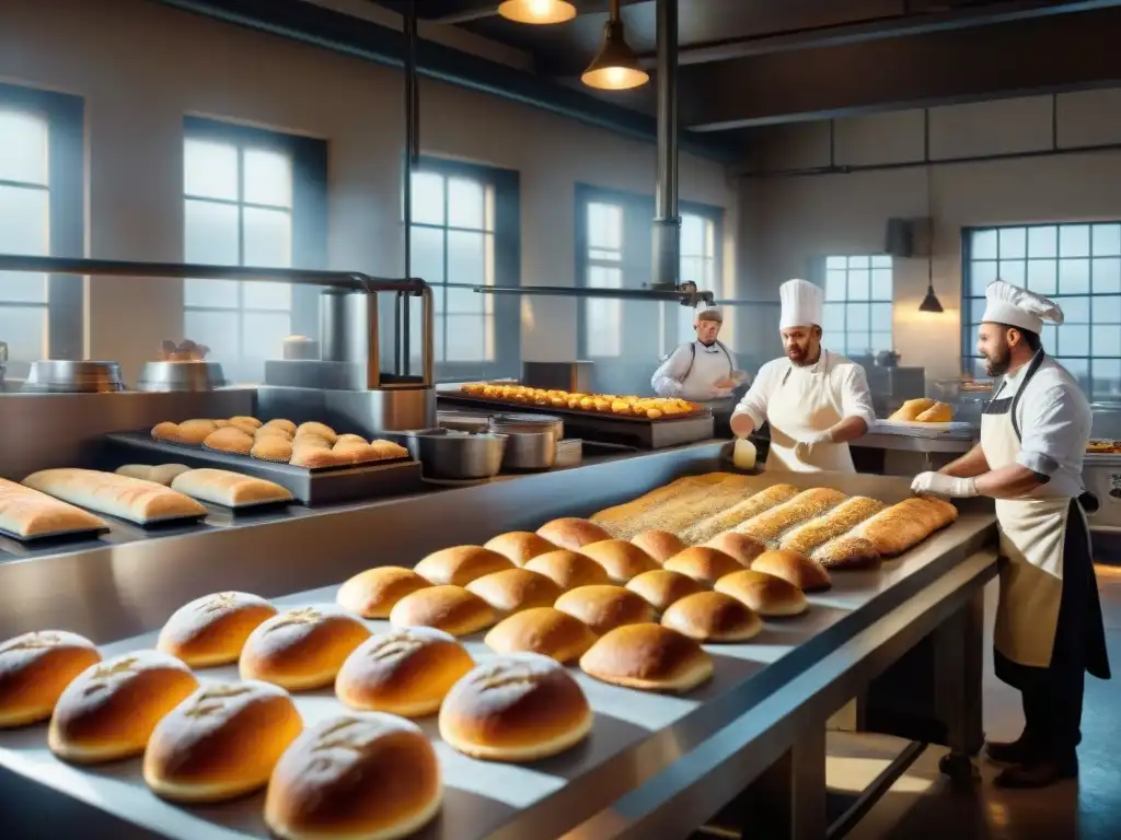 Cocina industrial del siglo XIX con trabajadores haciendo pan y repostería sin gluten durante la Revolución Industrial