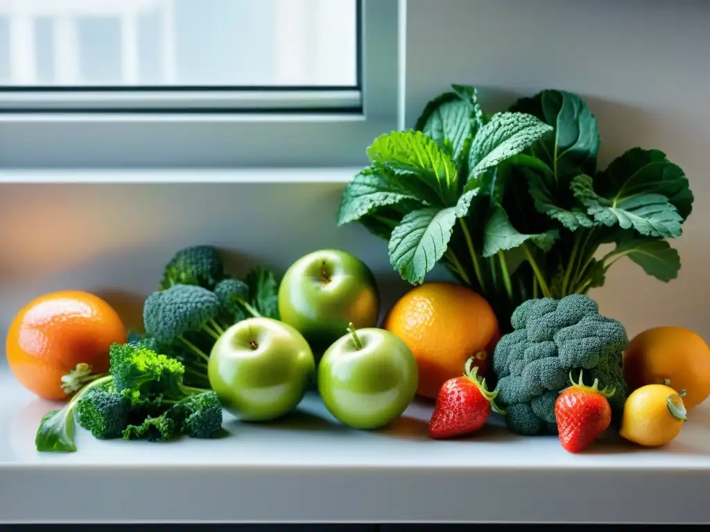 Una cocina sin gluten innovadora y saludable: una variedad de frutas y verduras frescas y coloridas, con gotas de agua brillando en sus superficies