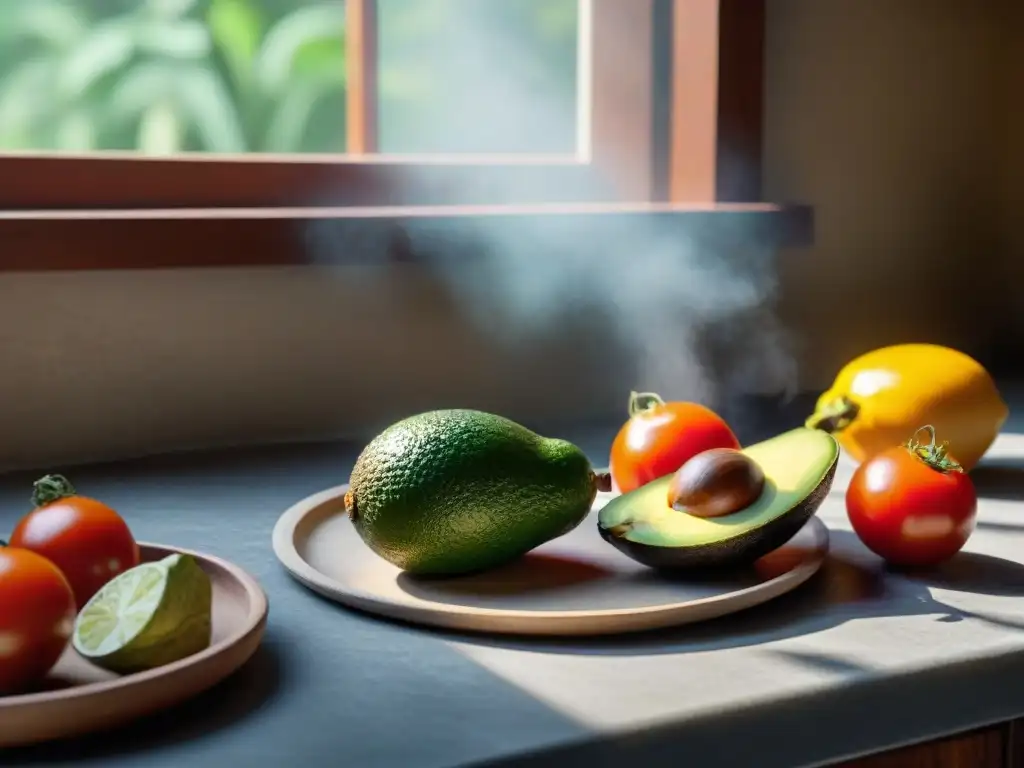 Una cocina latina vibrante con ingredientes coloridos listos para preparar recetas sin gluten fermentadas latinas