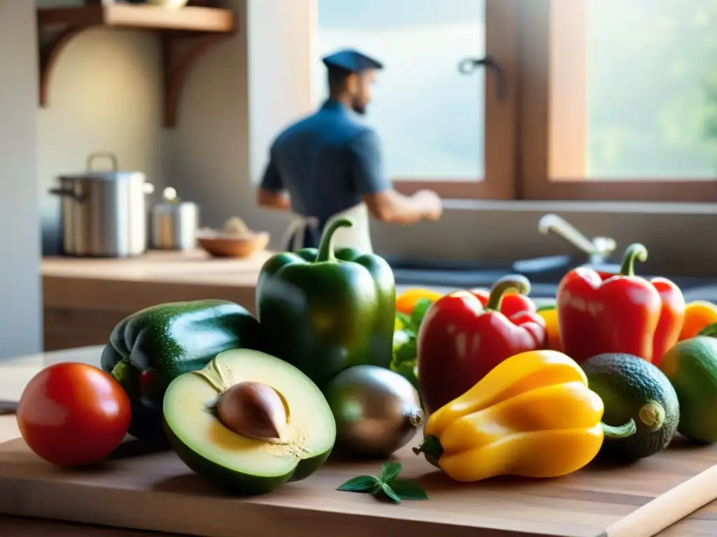 Un cocina latina vibrante con ingredientes frescos y coloridos en un ambiente cálido y acogedor