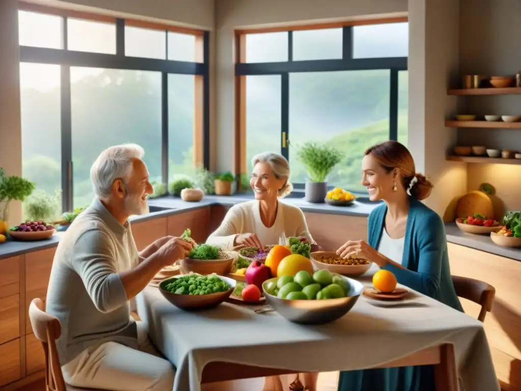 Una cocina llena de alimentos sin gluten y bienestar emocional, con frutas, verduras y granos coloridos