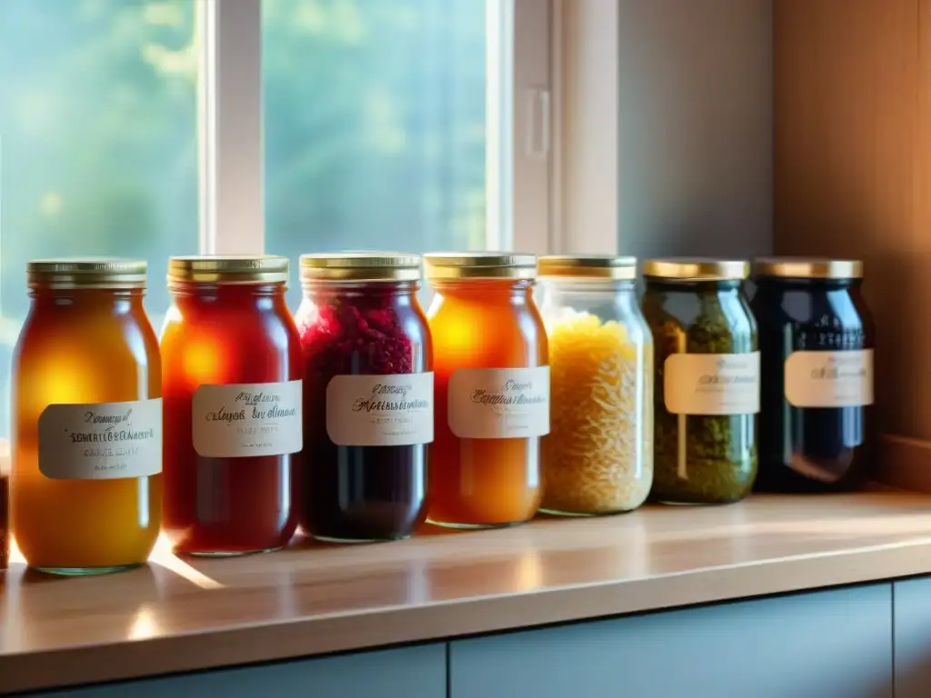 Una cocina llena de alimentos fermentados sin gluten en tarros coloridos, bañados por la luz del sol