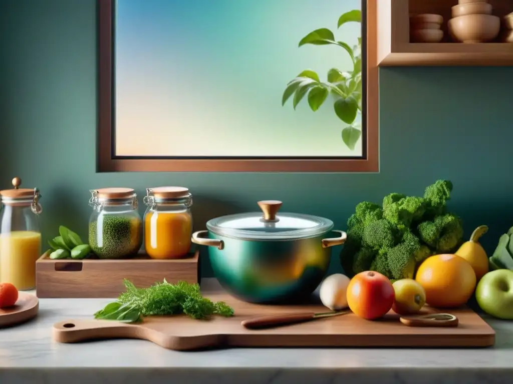 Una cocina sin gluten llena de mindfulness: coloridos ingredientes frescos organizados en una encimera de mármol con utensilios de cocina