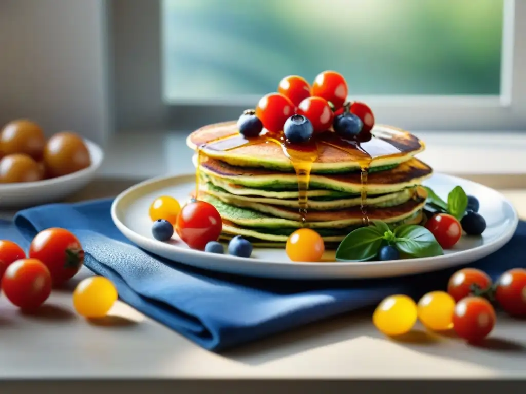 Una cocina llena de coloridos platos sin gluten: ensalada de quinoa, salteado de zoodles y pancakes de arándanos