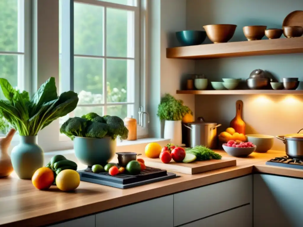 Una cocina sin gluten llena de mindfulness: frutas, libros, sopas y flores en un ambiente sereno y luminoso