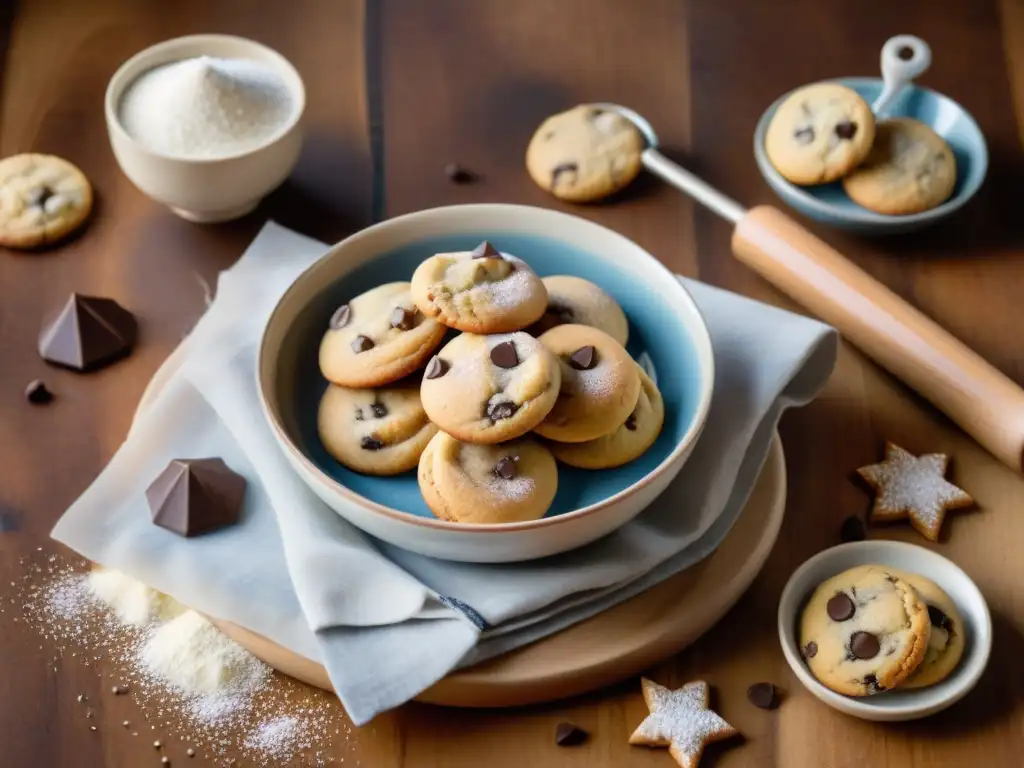 Una cocina llena de galletas sin gluten recién horneadas, con distintas formas y tamaños, listas para disfrutar