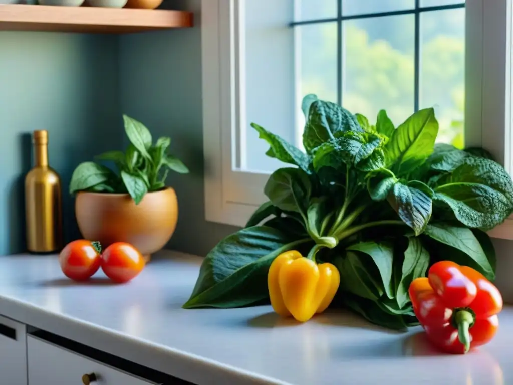 Una cocina llena de ingredientes coloridos y frescos sin gluten, iluminados por la luz natural