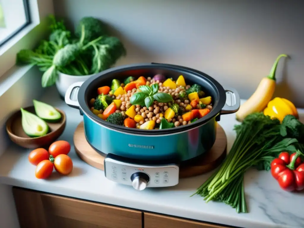 Una cocina llena de ingredientes frescos y coloridos, con una olla de cocción lenta preparando un guiso sin gluten