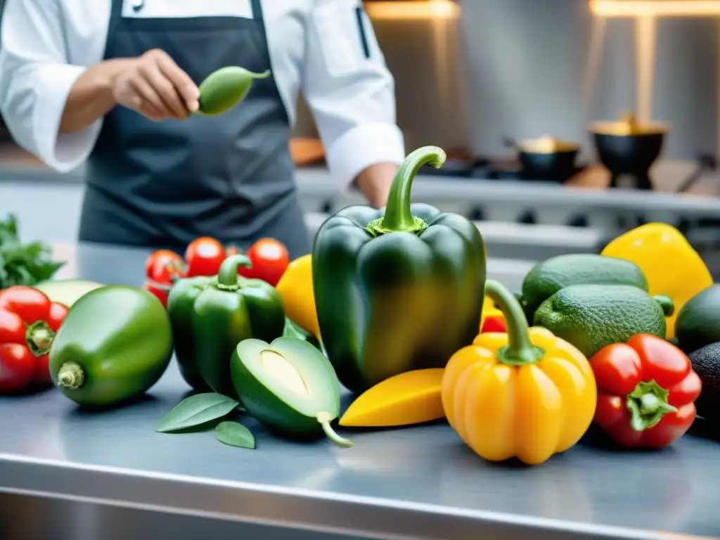 Una cocina llena de ingredientes frescos y coloridos, con un chef cortando mango