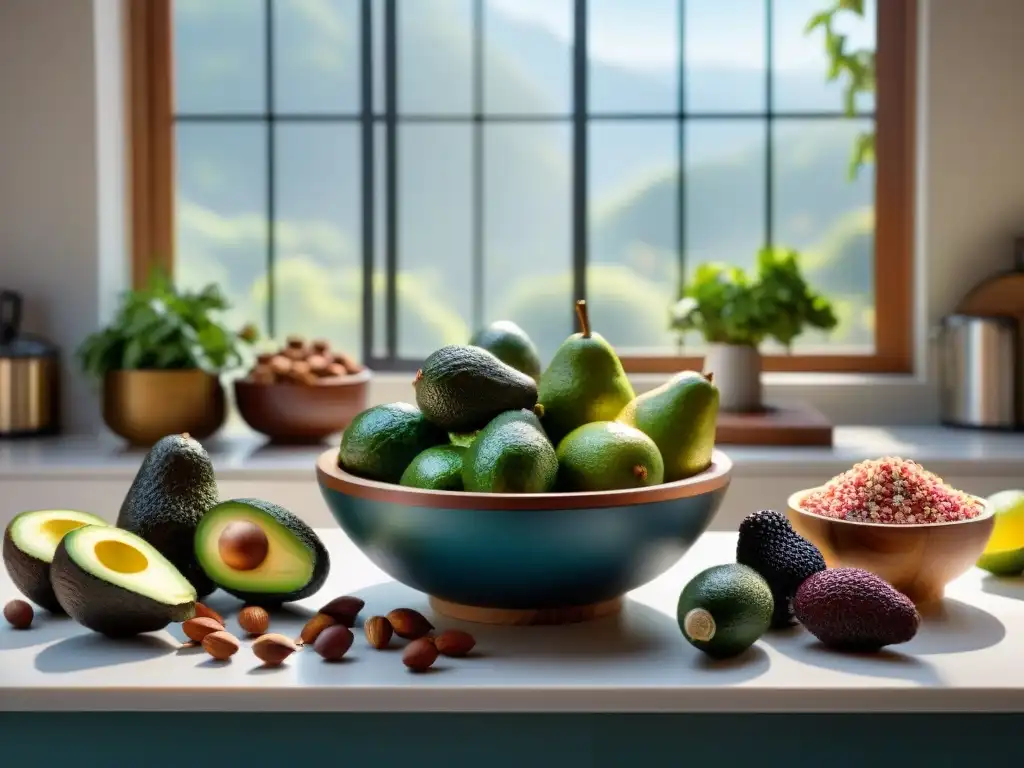 Una cocina sin gluten llena de ingredientes vibrantes: quinoa, aguacates, bayas y frutos secos