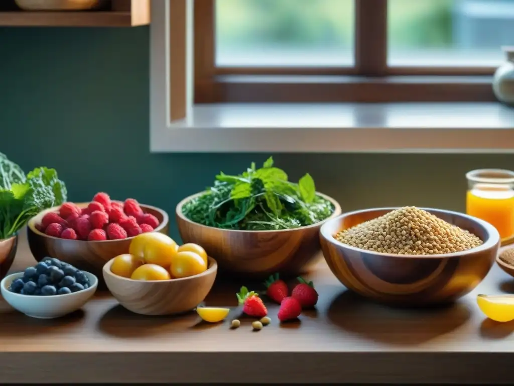 Cocina llena de superalimentos coloridos, frescos y orgánicos en bowls de madera