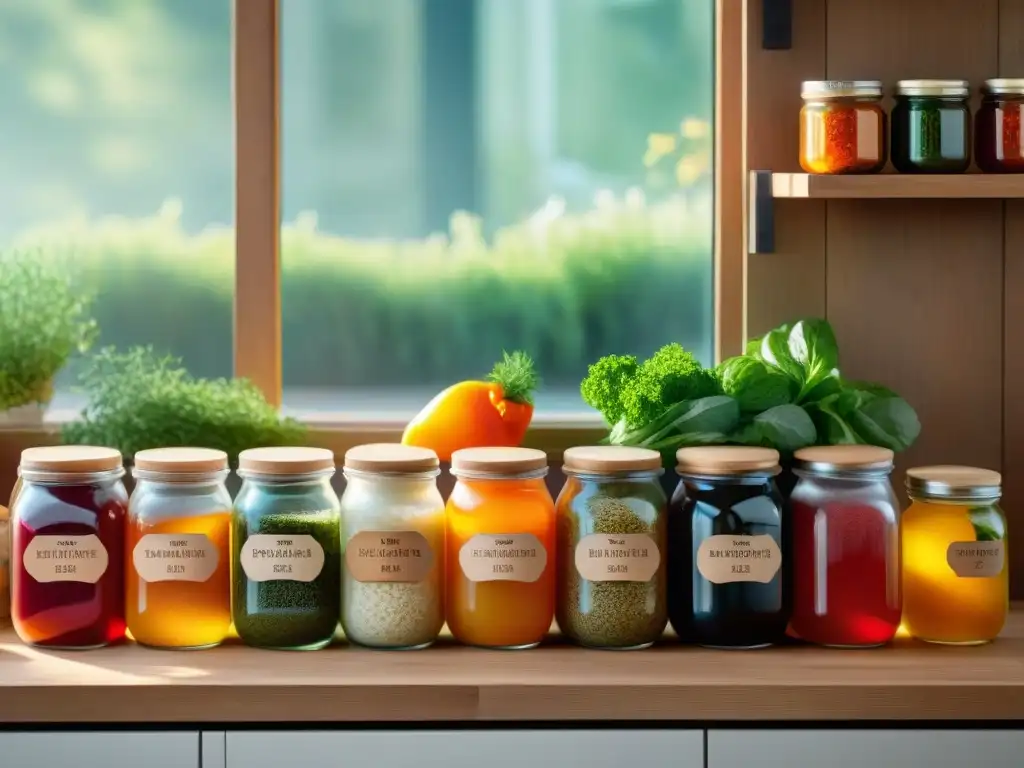 Una cocina llena de tarros coloridos con fermentados sin gluten deliciosos, bañada por la luz del sol