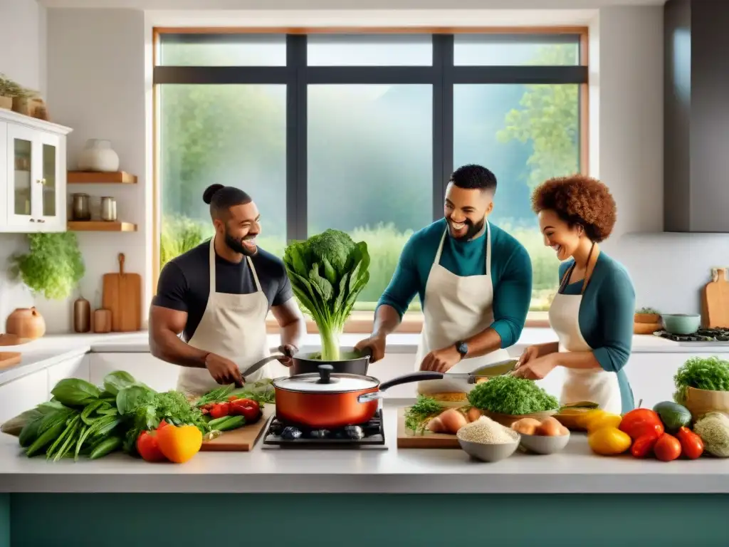 Una cocina sin gluten llena de vida, donde personas diversas cocinan y comparten en armonía