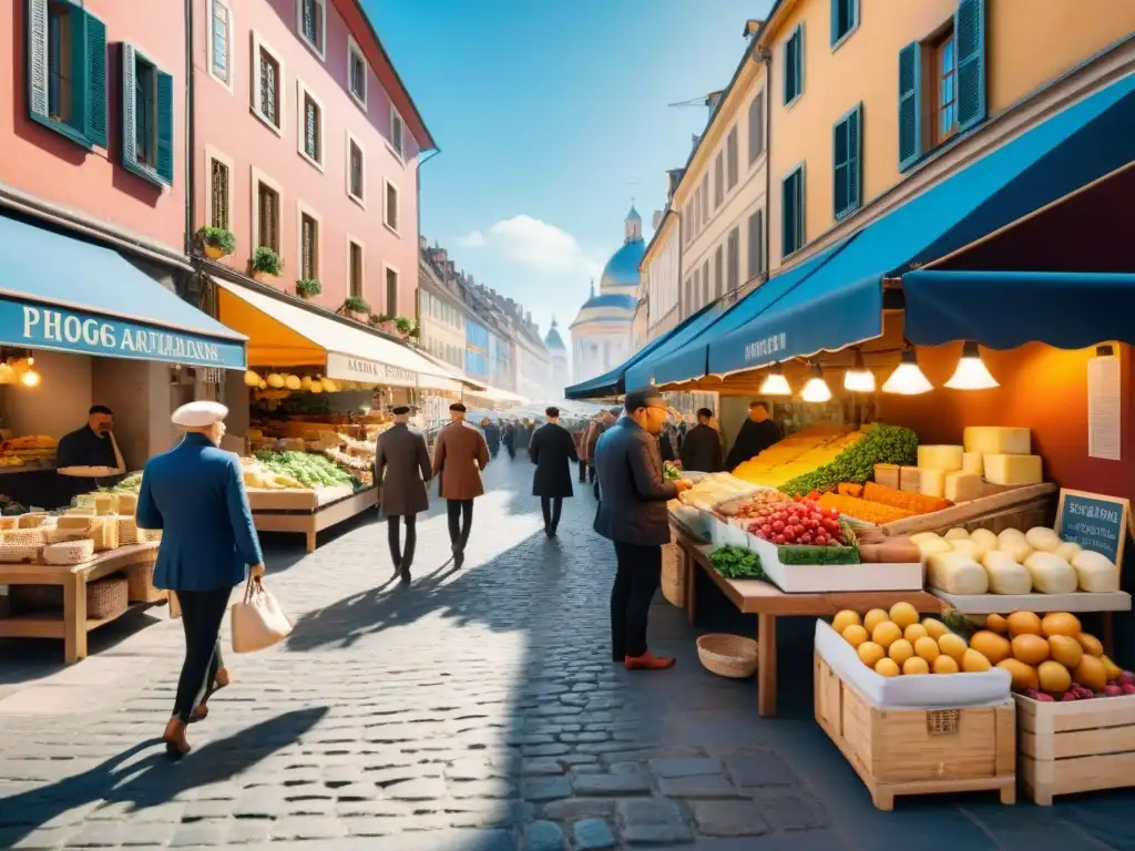 Explorando la cocina local sin gluten en un vibrante mercado al aire libre de una ciudad europea, bajo un cielo azul, evocando la esencia de viajar