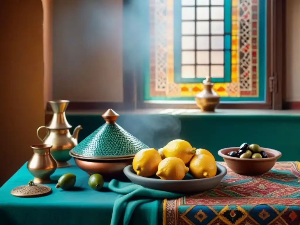 Una cocina marroquí llena de especias, azulejos, tajine y colores, creando una experiencia visual inmersiva