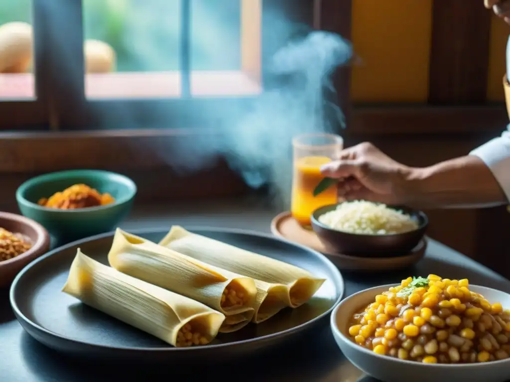 Una cocina mexicana tradicional llena de platillos de maíz coloridos como tamales y tortillas, con un chef preparando una receta innovadora sin gluten