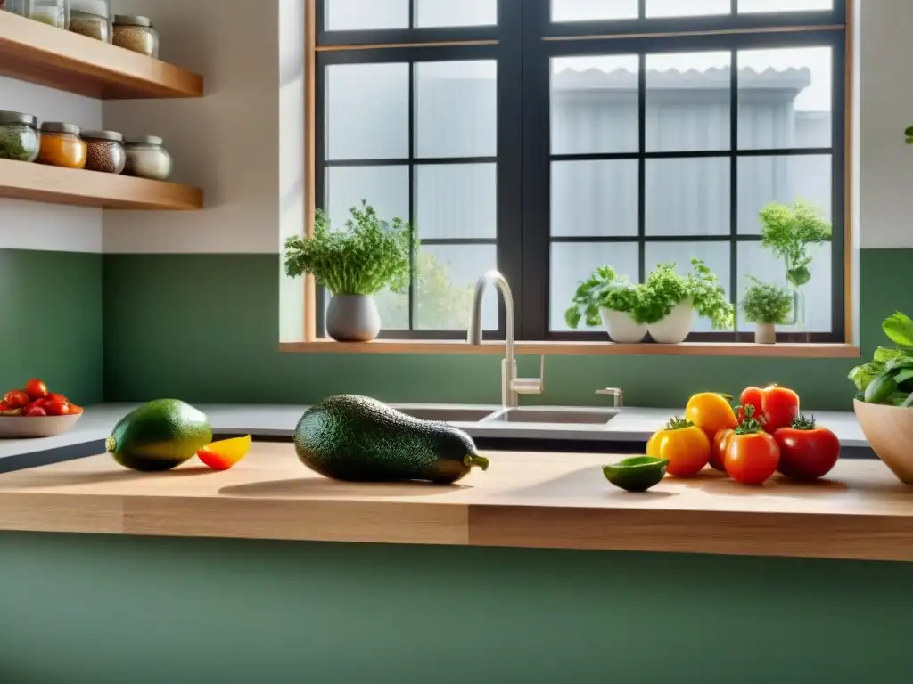 Una cocina minimalista con ingredientes frescos y coloridos