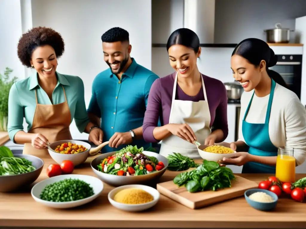 Una cocina moderna y acogedora donde un diverso grupo de personas prepara platos sin gluten con alegría