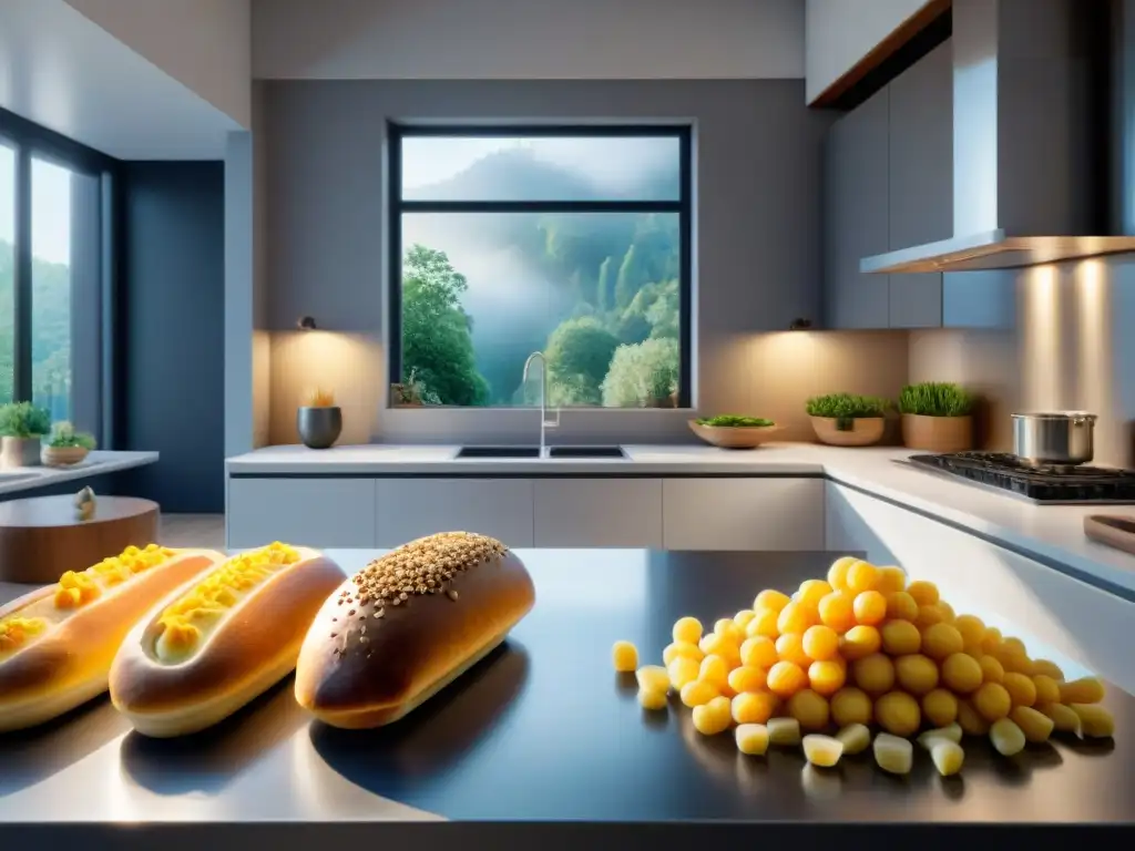 Una cocina moderna con alimentos sin gluten impresos en 3D, reuniendo a personas sorprendidas