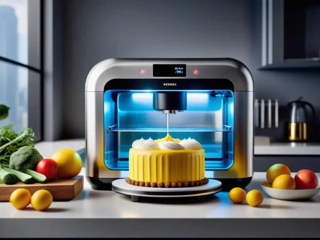 Una cocina moderna con impresión 3D alimentos sin gluten creando un pastel innovador y detallado