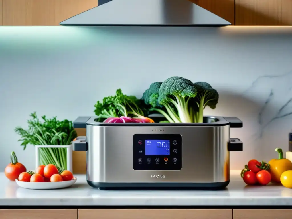 Una cocina moderna y elegante con equipo sousvide en mármol