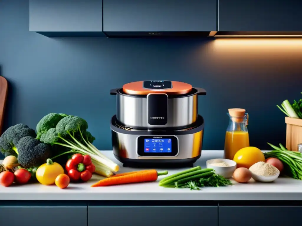 Una cocina moderna y elegante con gadgets de alta tecnología para cocina sin gluten y vegetariana, iluminación cálida y acogedora