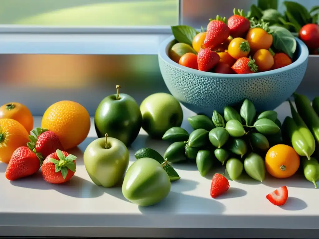 Una cocina moderna con frutas y verduras frescas y coloridas