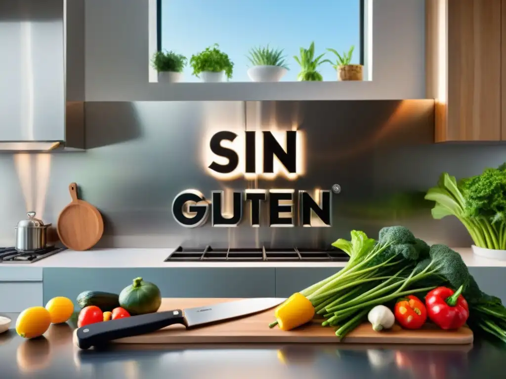 Una cocina moderna sin gluten, impecable y detallada, con un purificador de aire integrado y un letrero elegante