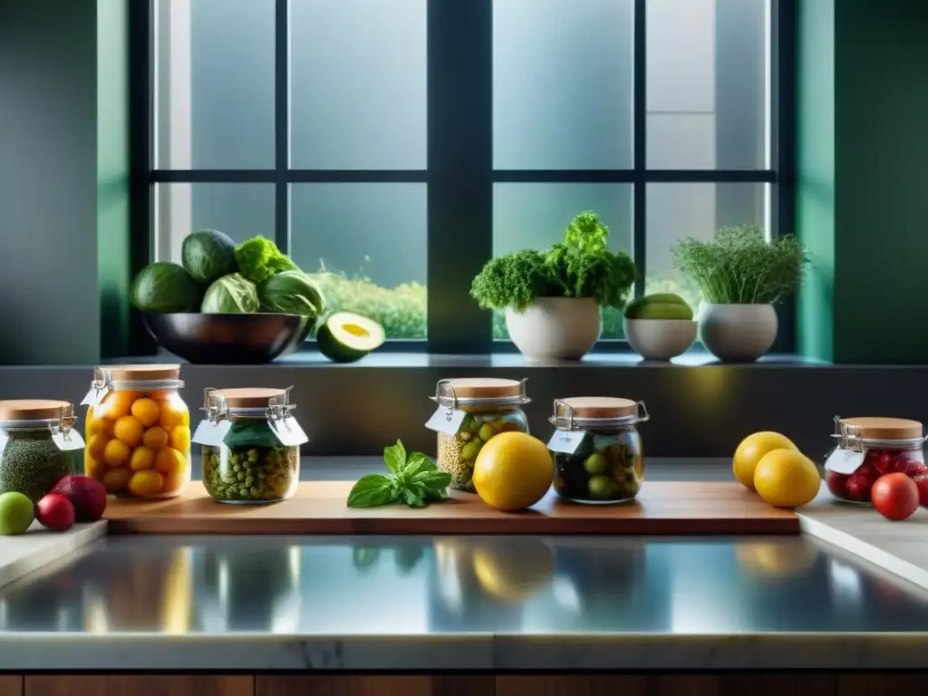 Una cocina moderna con ingredientes sin gluten organizados, iluminada por luz natural