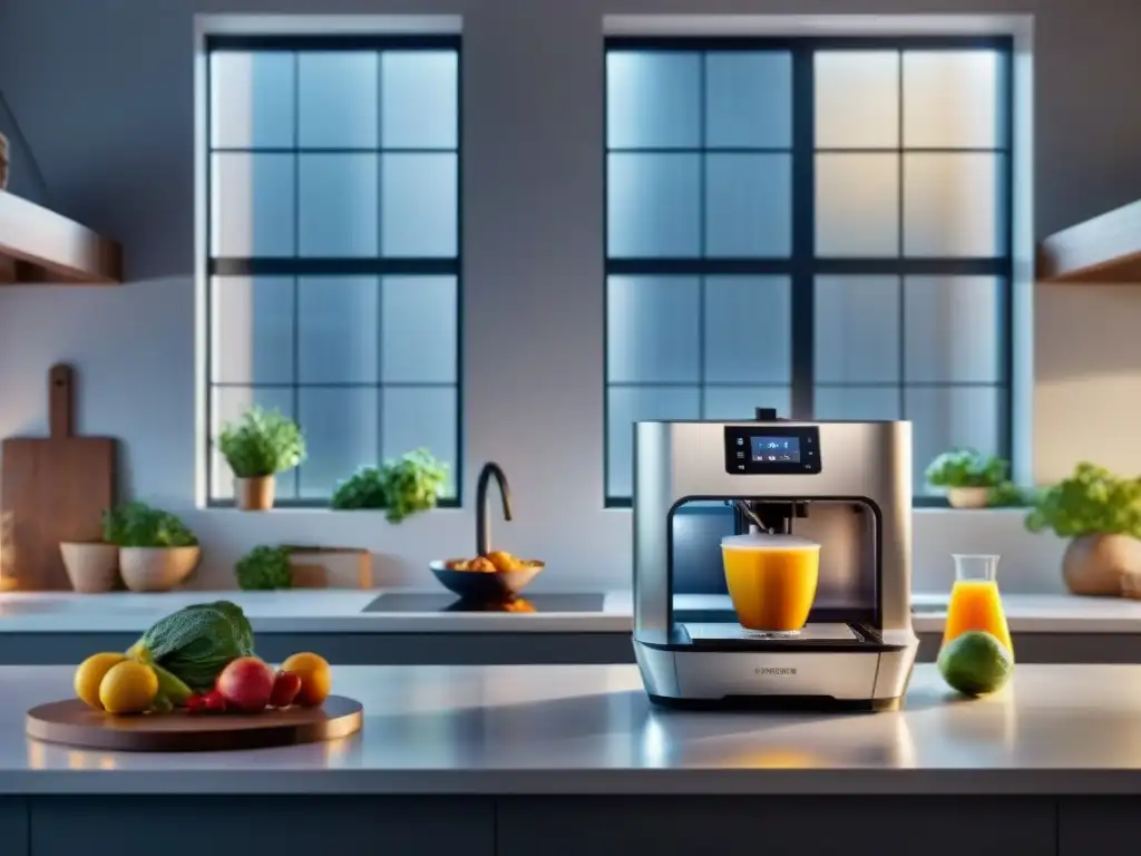 Una cocina moderna con impresión 3D integrada creando platos sin gluten, rodeada de ingredientes frescos y gadgets futuristas