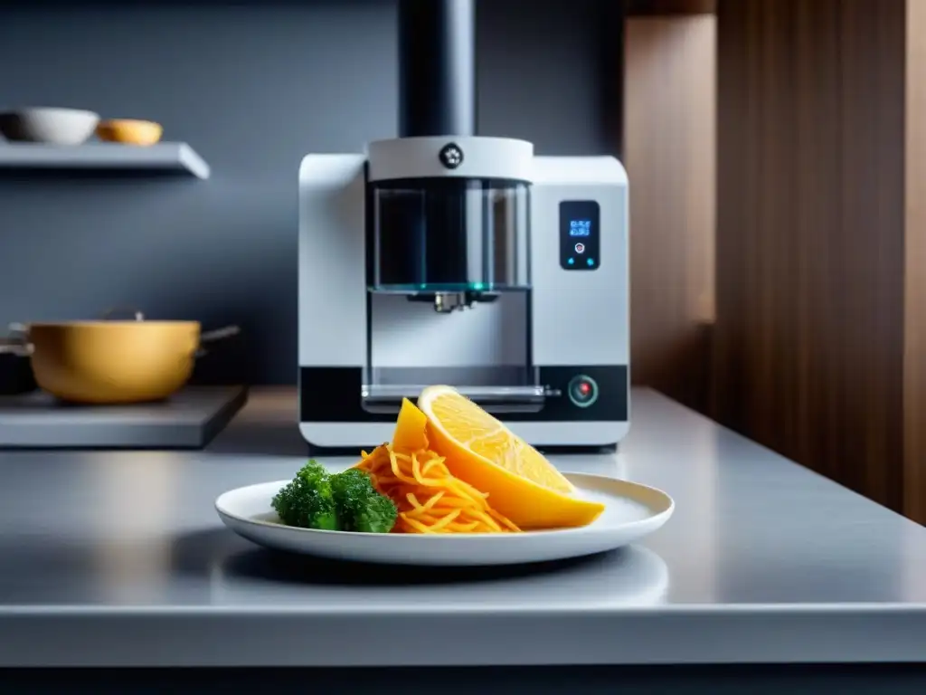 Una cocina moderna con impresión 3D integrada, creando platos sin gluten de forma innovadora y precisa