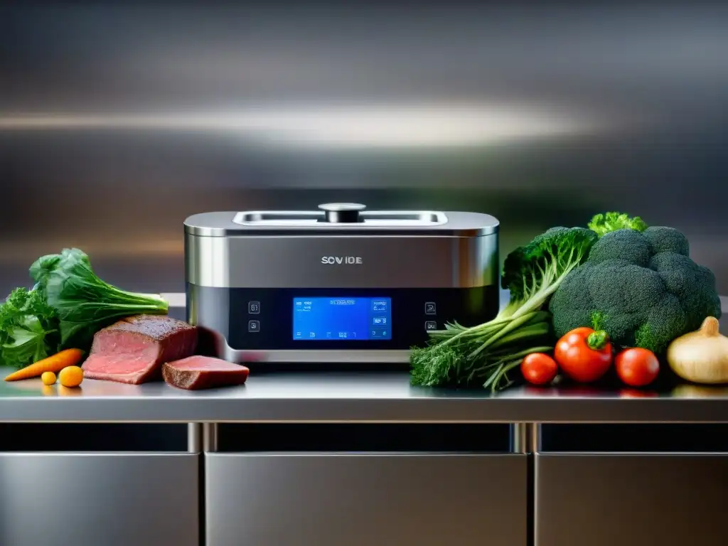 Una cocina moderna llena de equipos de sousvide sin gluten, como circulador de inmersión, sellador al vacío y ingredientes frescos